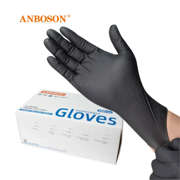 H506741e08a4b445098cf49a8f565c404i.webp ABC-NIT01-B-2 8 mil Black Diamond-Textured Nitrile Gloves