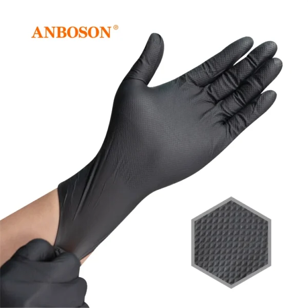 Ha9e333a7e442477b89734b62fc837763v.webp ABC-NIT01-B-2 8 mil Black Diamond-Textured Nitrile Gloves